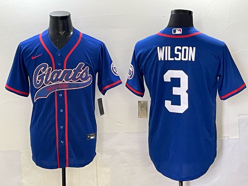 Men 2025 New York Giants #3 Wilson Blue Joint Name Nike Limited NFL Jersey style 01